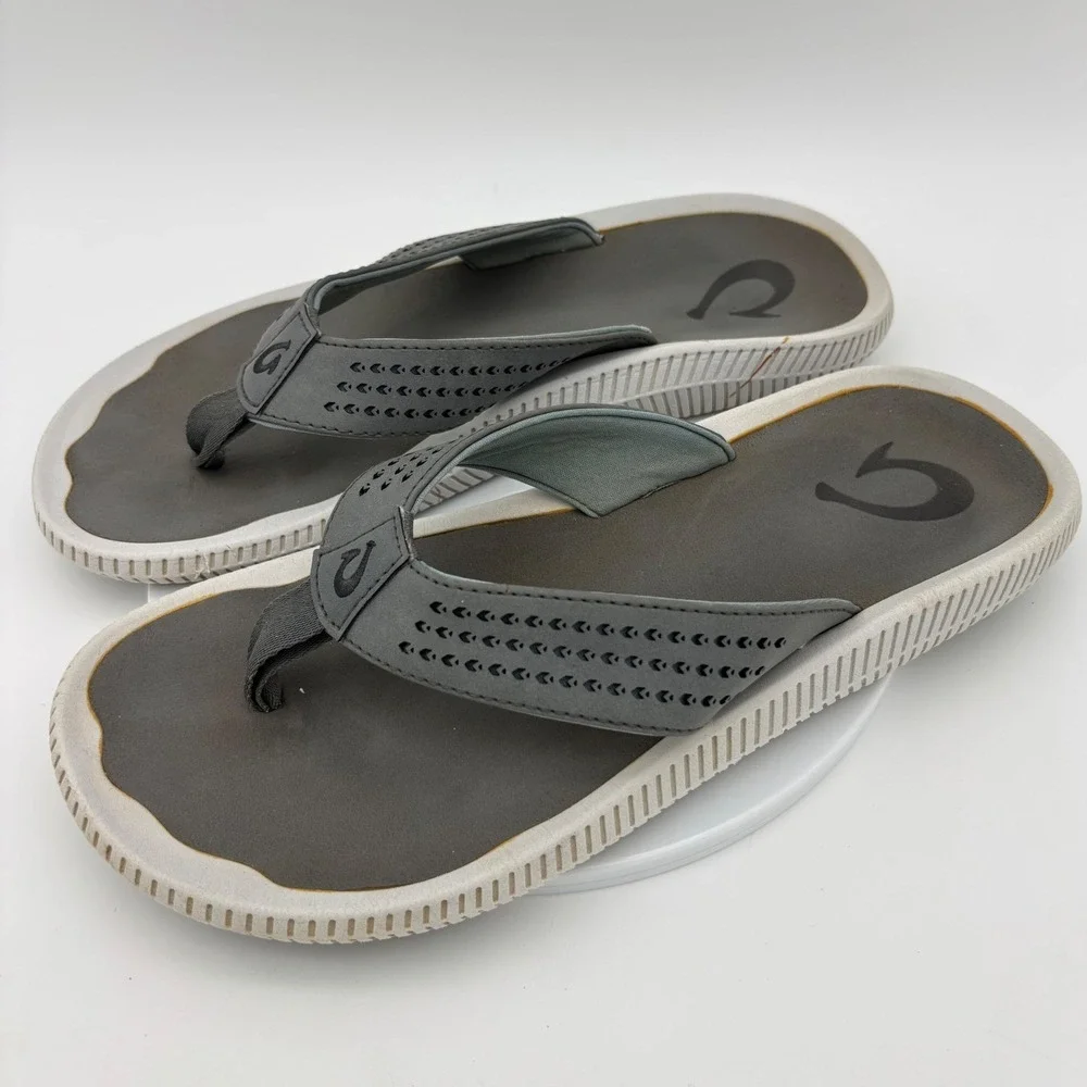 OLUKAI Ulele Mens Flip Flop Sandal Shoe Thong Gray White Grey Beach Stone 9